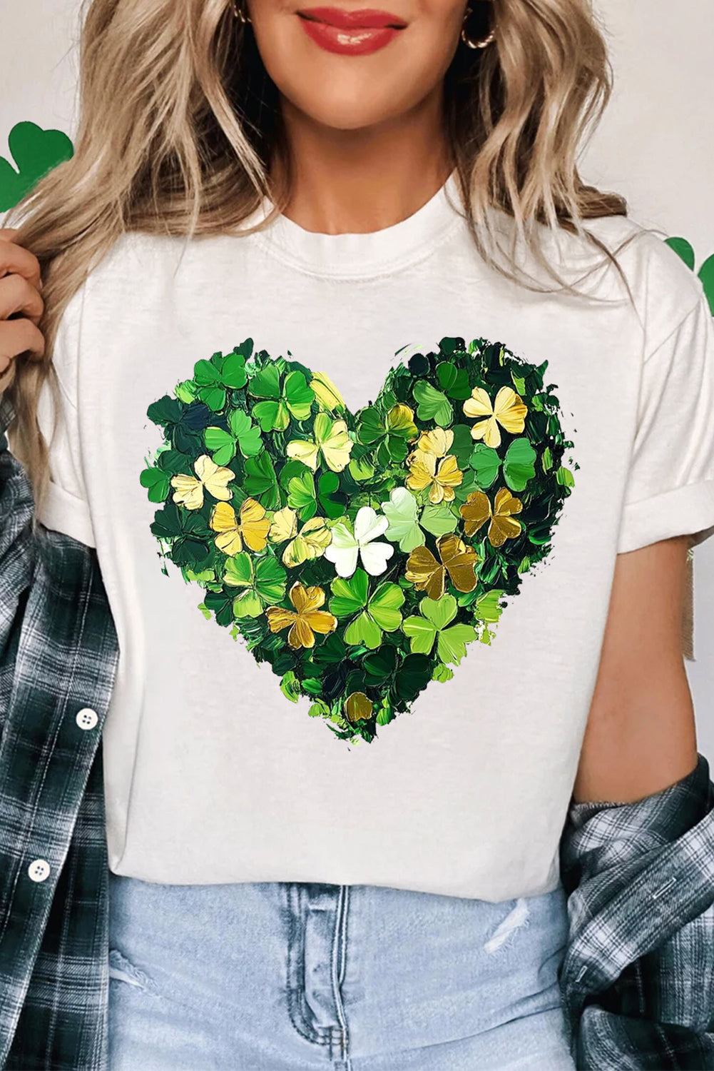 White Clover Heart Printed St Patricks Day T Shirt