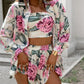 3 Pieces Outfit Floral Print Long Sleeve Blouse with Bandeau and Casual Strechy Waist Shorts Set