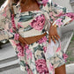 3 Pieces Outfit Floral Print Long Sleeve Blouse with Bandeau and Casual Strechy Waist Shorts Set