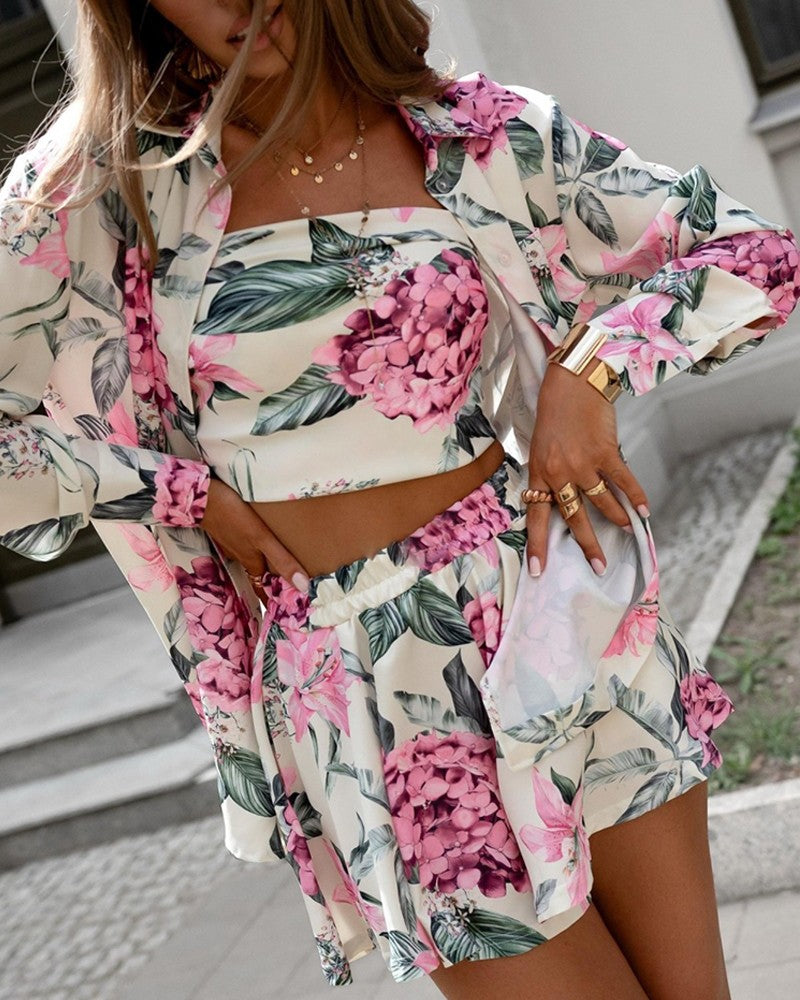 3 Pieces Outfit Floral Print Long Sleeve Blouse with Bandeau and Casual Strechy Waist Shorts Set