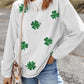 White Sequin Clover Patched Drop Shoulder Corded Sweatshirt