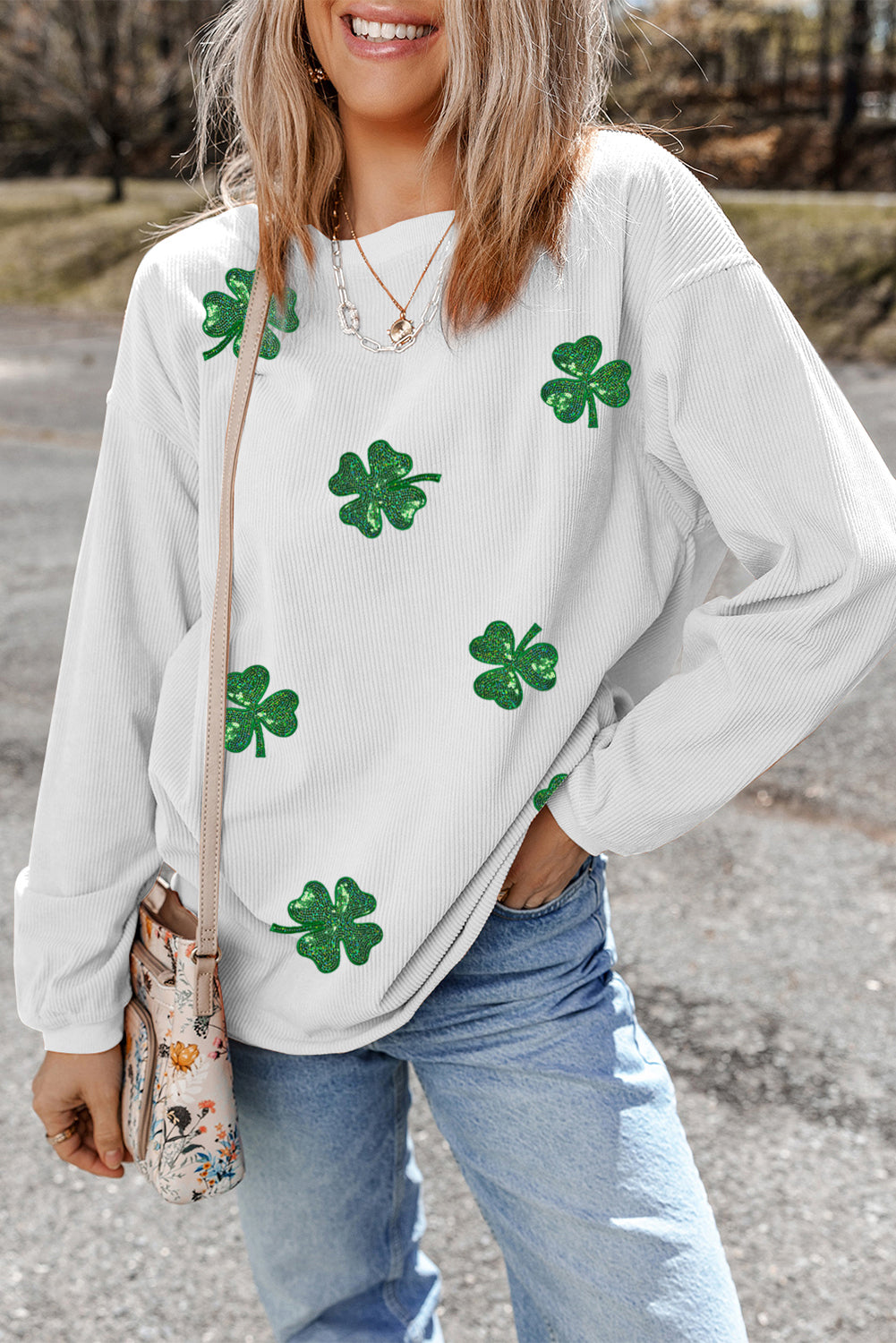 White Sequin Clover Patched Drop Shoulder Corded Sweatshirt