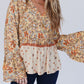 Yellow Printed Floral Bell Sleeve V Neck Wrapped Contrast Peplum Blouse