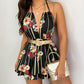 V Neck Halter Tie Back Skirted Hem Romper with Shirred Waistband