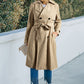 Pale Khaki Solid Color Lapel Collar Waist Tie Wind Coat