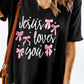 Gray Jesus Loves You Bow Knot Print V Neck Waffle Knit Loose T Shirt