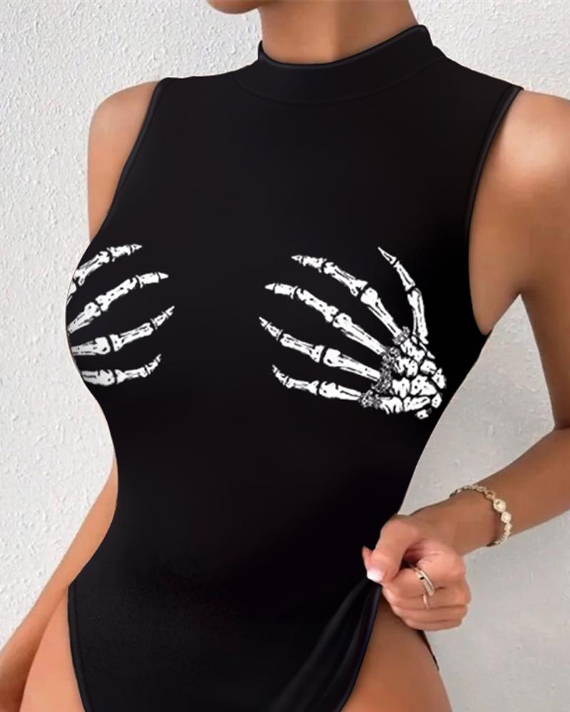 Halloween Skeleton Print Sleeveless Bodysuit