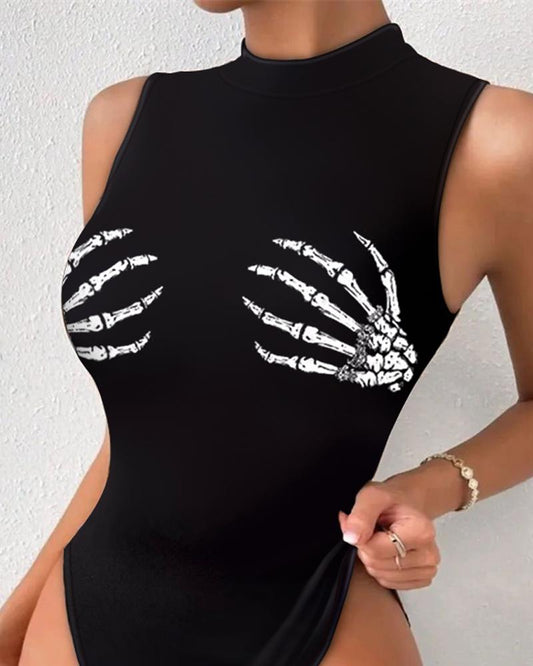 Halloween Skeleton Print Sleeveless Bodysuit