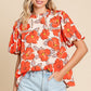 Orange Floral Bubble Sleeve Frill Neck Loose Blouse