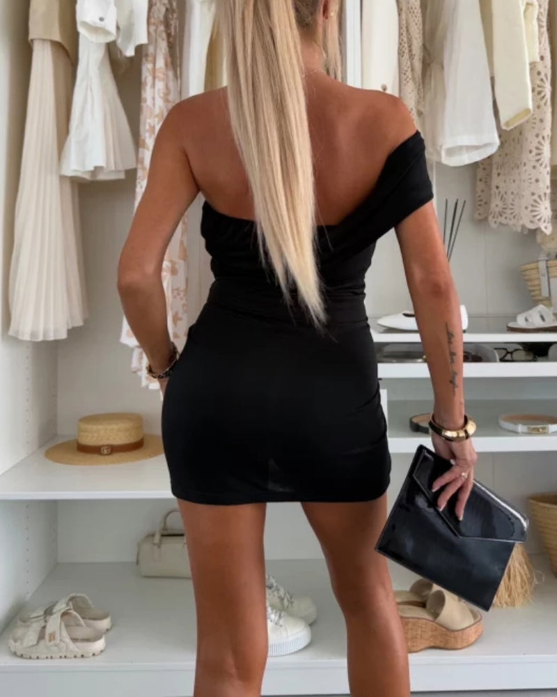 Off Shoulder Mental Buckle Waist Mini Dress