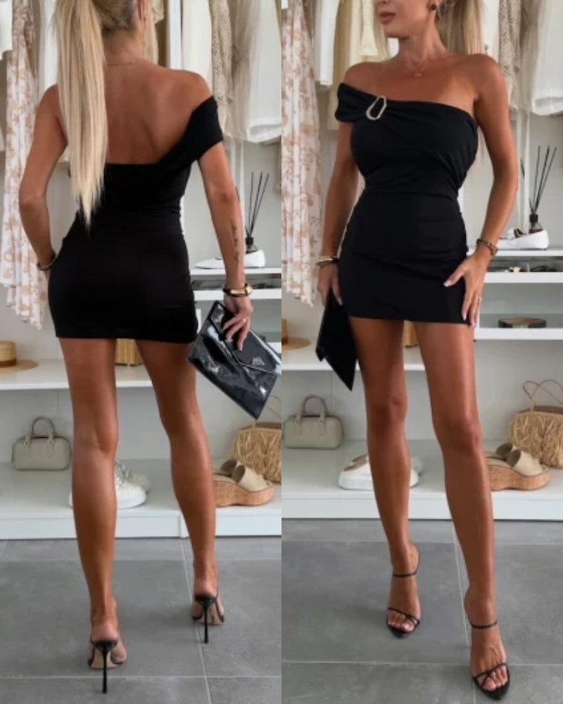 Off Shoulder Mental Buckle Waist Mini Dress