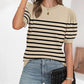 Striped Print Round Neck Puff Sleeve Sweater  Caual Loose Fit Work Top