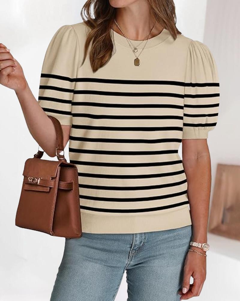 Striped Print Round Neck Puff Sleeve Sweater  Caual Loose Fit Work Top