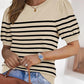 Striped Print Round Neck Puff Sleeve Sweater  Caual Loose Fit Work Top