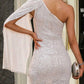 One Shoulder Allover Sequin Dress Draped Cape Sleeve Mini Party Dress