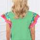 Light Green Contrast Ricrac Floral Sleeve Top