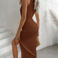 Ribbed Sleeveless Drawstring Ruched High Slit Dress