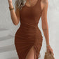 Ribbed Sleeveless Drawstring Ruched High Slit Dress
