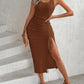 Ribbed Sleeveless Drawstring Ruched High Slit Dress