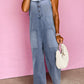 Stone Blue Washed Denim Half Buttons Patched Pocket Wide Leg Overalls