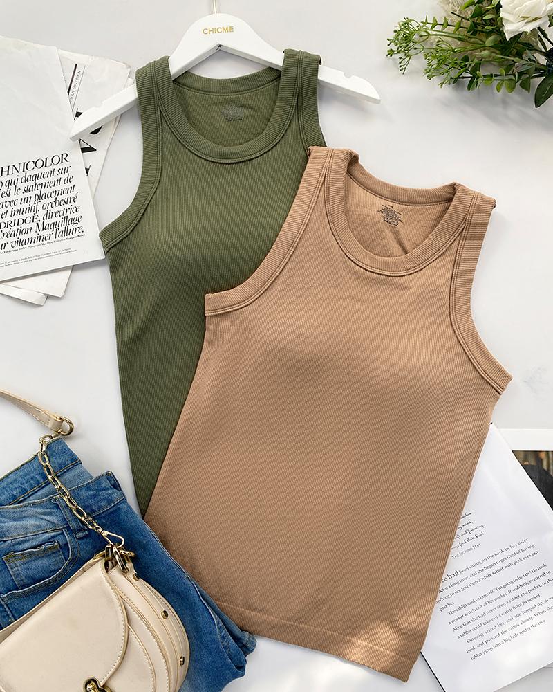 Built in Bra Crewneck Tank Top Terry Towelling Lined Sleeveless Slim Fit Layering Shirt Tops