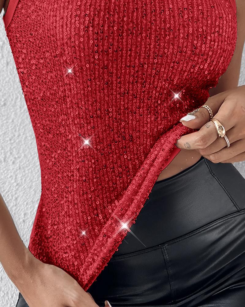 Allover Sequin O neck Sleeveless Tank Tops Slim Fitted Shirt