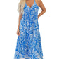 Blue Paisley V Neck Crisscross Backless Maxi Dress