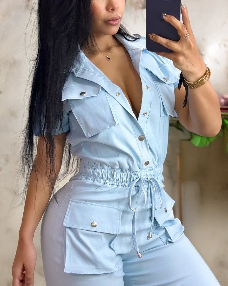 Turn down Collar Short Sleeve Overalls Drawstring Waist Casual Slim Fit Cargo Jumpsuit With Pockets