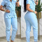 Turn down Collar Short Sleeve Overalls Drawstring Waist Casual Slim Fit Cargo Jumpsuit With Pockets