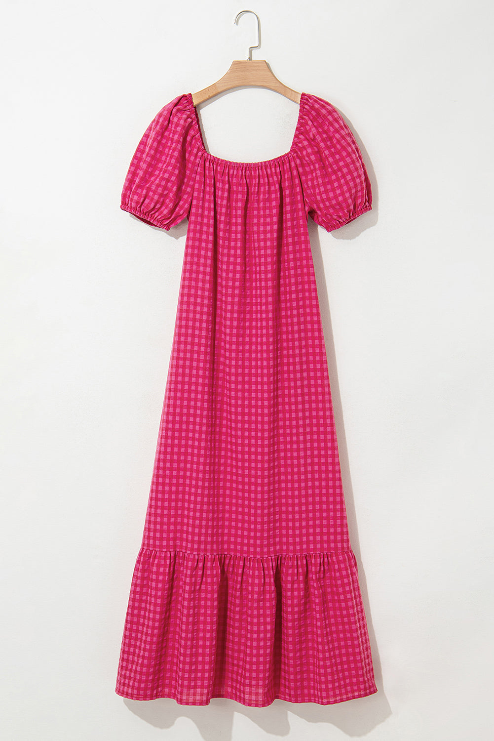 Rose Ginham Check Bubble Sleeve Ruffled Maxi Dress