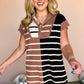 Black Stripe Color Block Quarter Zip Collar Short Sleeve Sweater Dress