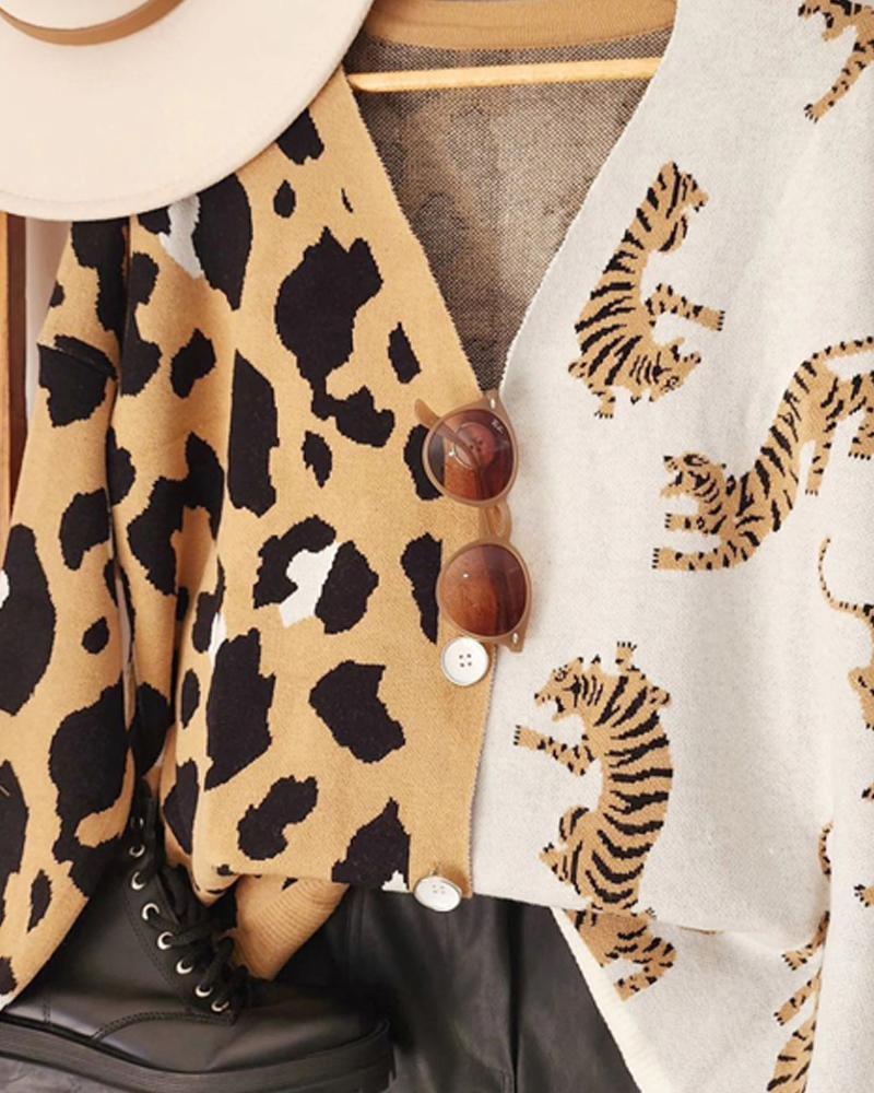 Colorblock Leopard Tiger Pattern V Neck Button Down Knit Cardigan