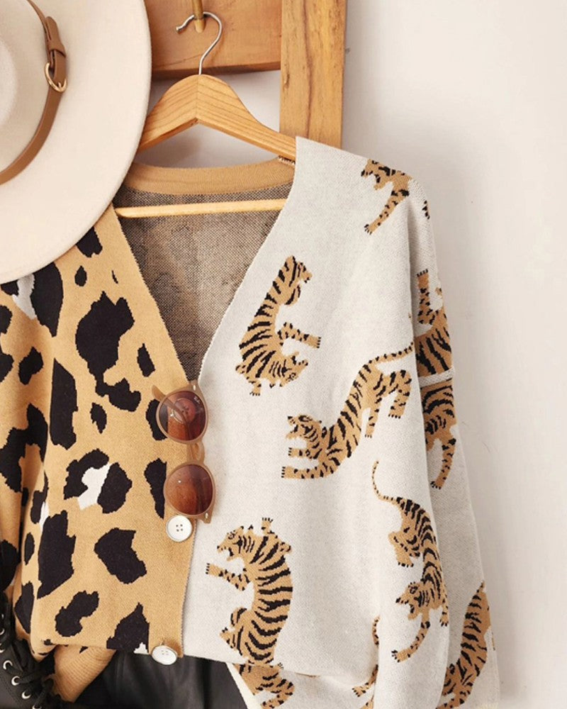Colorblock Leopard Tiger Pattern V Neck Button Down Knit Cardigan