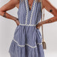 Blue Stripe Sleeveless Notched V Neck Contrast Ric Rac Mini Dress