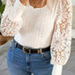 Apricot Contrast Floral Guipure Lace Lantern Sleeve U Neck Plus Size Blouse