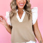 Pale Khaki Contrast V Neck Ruffled Textured Knit Top