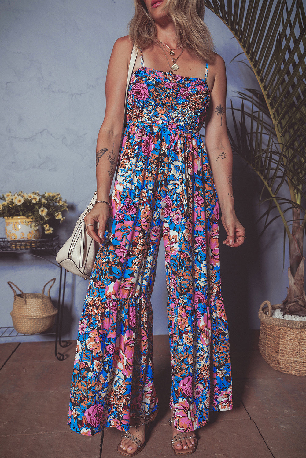 Pink Floral Smocked Bust Spaghetti Straps Wide Leg Jumpsuit