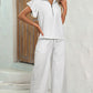 Gray Stripe Zipped up Collar Ruffled Sleeve Tee and Wide Leg Pants 2pcs Outfit