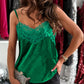 Velvet Contrast Lace V Neck Spaghetti Strap Tank Casual Loose Fit Top