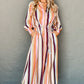 White Multicolor Striped Cuffed Sleeve Tassel Tied Shirt Maxi Dress