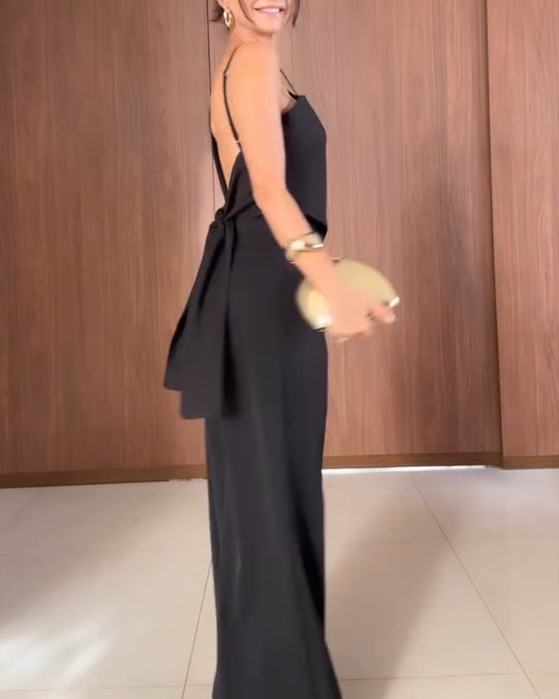 2 Pieces Outfit Asymmetrical Sleeveless Backless Tied Detail Top and Casual Straight Leg Pats Set