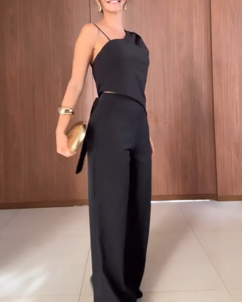 2 Pieces Outfit Asymmetrical Sleeveless Backless Tied Detail Top and Casual Straight Leg Pats Set