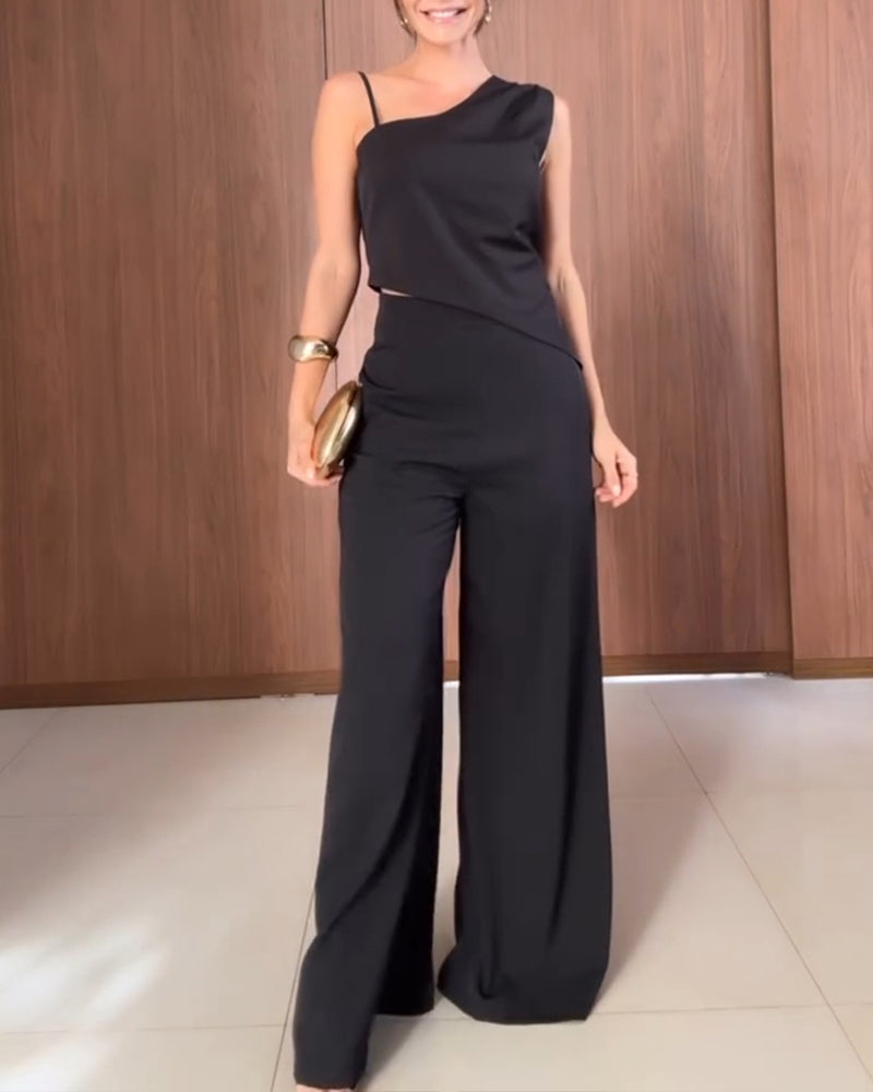 2 Pieces Outfit Asymmetrical Sleeveless Backless Tied Detail Top and Casual Straight Leg Pats Set