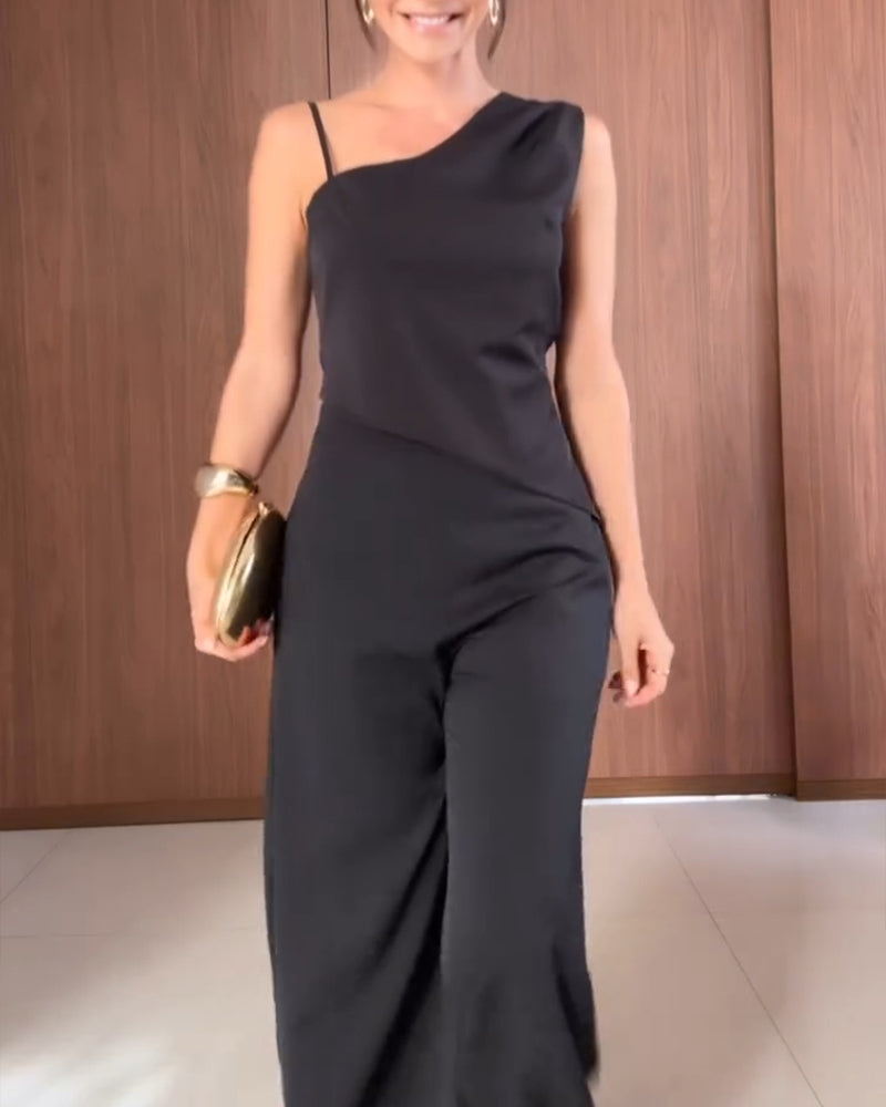 2 Pieces Outfit Asymmetrical Sleeveless Backless Tied Detail Top and Casual Straight Leg Pats Set