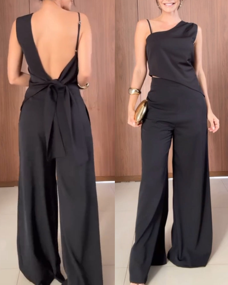 2 Pieces Outfit Asymmetrical Sleeveless Backless Tied Detail Top and Casual Straight Leg Pats Set