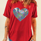 Red Rainbow Sequin Heart Shape Crew Neck T Shirt