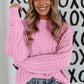 Pink Crochet Knit Drop Shoulder Sweater