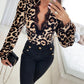 Leopard Print Plunge Contrast Eyelash Lace Slim Fit Top