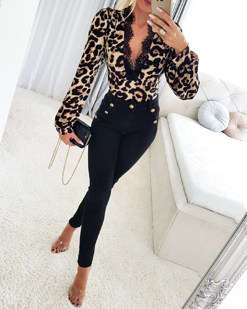 Leopard Print Plunge Contrast Eyelash Lace Slim Fit Top