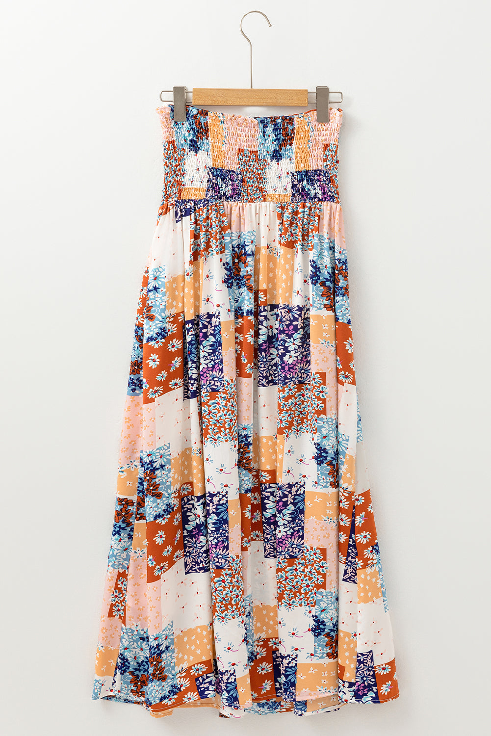 Orange Floral Patchwork Printed Frilled Bandeau Smocked High Waist Long Dress